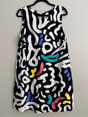 GORMAN Women’s Sz 12 Shift Dress Sequin Abstract Silk Linen Black White Squiggle